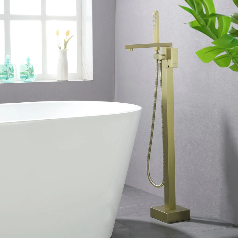 Luxury Freestanding Bathtub Faucet Single Handle Waterfall Tub Filler with Handheld Shower shamanda-freestanding-tub-filler-brushed-gold 