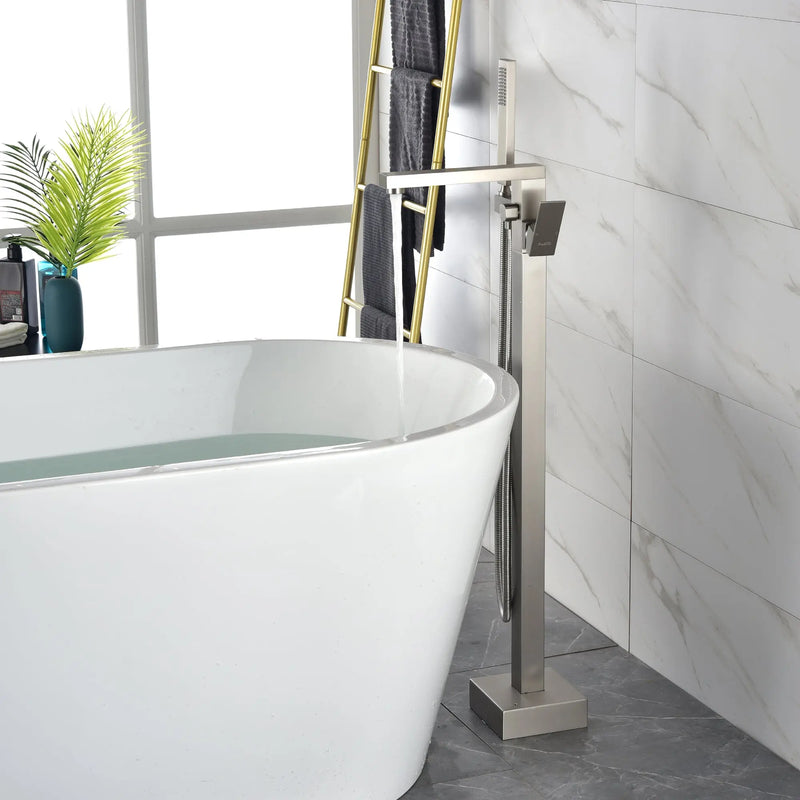 Luxury Freestanding Bathtub Faucet Single Handle Waterfall Tub Filler with Handheld Shower shamanda-freestanding-tub-filler-brushed-gold 