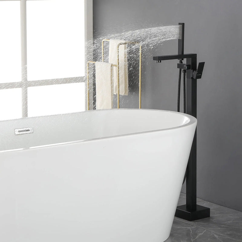 Luxury Freestanding Bathtub Faucet Single Handle Waterfall Tub Filler with Handheld Shower shamanda-freestanding-tub-filler-brushed-gold 