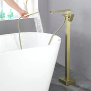 Luxury Freestanding Bathtub Faucet Single Handle Waterfall Tub Filler with Handheld Shower shamanda-freestanding-tub-filler-brushed-gold 