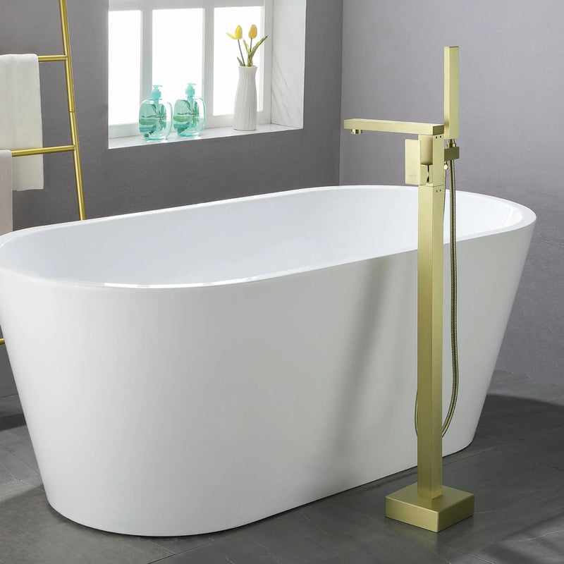 Luxury Freestanding Bathtub Faucet Single Handle Waterfall Tub Filler with Handheld Shower shamanda-freestanding-tub-filler-brushed-gold 