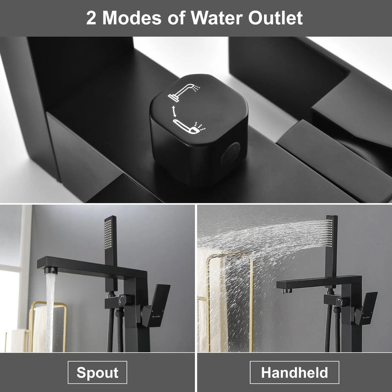 Luxury Freestanding Bathtub Faucet Single Handle Waterfall Tub Filler with Handheld Shower shamanda-freestanding-tub-filler-brushed-gold 