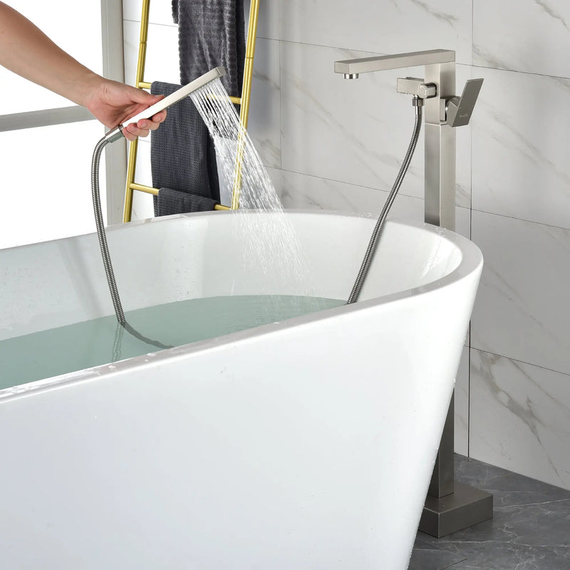 Luxury Freestanding Bathtub Faucet Single Handle Waterfall Tub Filler with Handheld Shower shamanda-freestanding-tub-filler-brushed-gold 