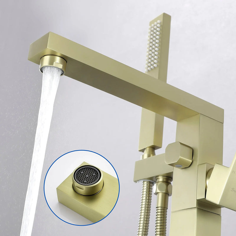 Luxury Freestanding Bathtub Faucet Single Handle Waterfall Tub Filler with Handheld Shower shamanda-freestanding-tub-filler-brushed-gold 