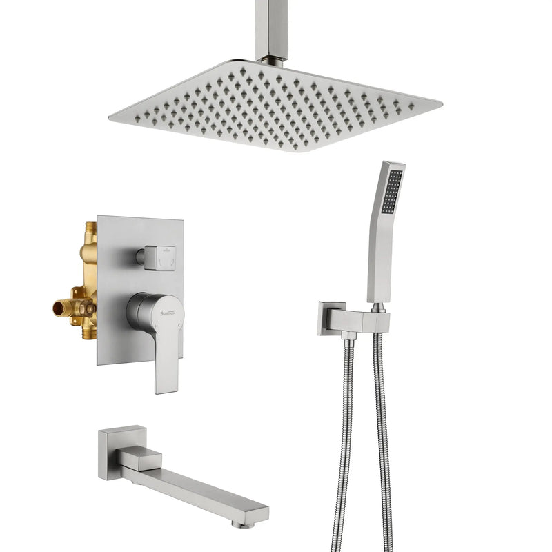 Luxury Tub Shower Faucet Combo Set with Rough-in Valve, Wall Mounted 10inch Shower System with Tub Spout Bathroom Shower Fixture Shower Valve and Trim Kit luxury-tub-shower-faucet-combo-set-with-rough-in-valve-wall-mounted-shower-system-with-tub-spout-bathroom-shower-fixture-shower-valve-and-trim-kit Brushed nickel / Brass & SUS304 / 10inch