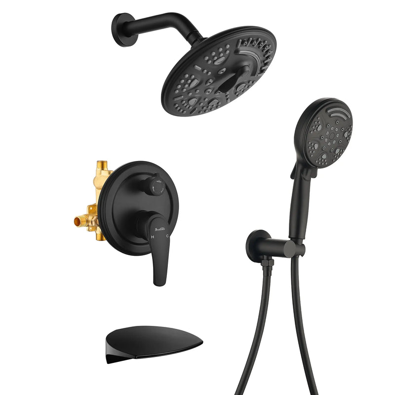 Luxury Tub Shower Faucet Set with Round-in Valve, Wall Mounted Shower System with Waterfall Tub Spout and 6-Setting Rain Shower Head with 9-Setting Handheld luxury-tub-shower-faucet-set-with-round-in-valve-wall-mounted-shower-system-with-waterfall-tub-spout-and-6-setting-rain-shower-head-with-9-setting-handheld-matte-black Matte black / Brass & SUS304 & ABS