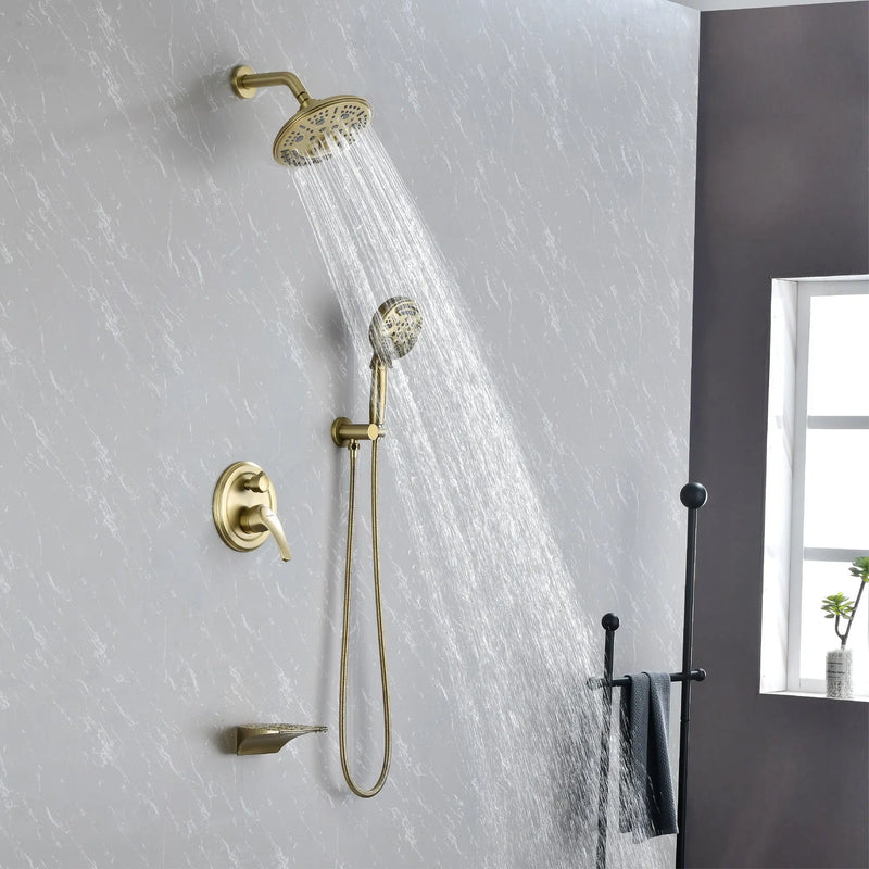 Luxury Tub Shower Faucet Set with Round-in Valve, Wall Mounted Shower System with Waterfall Tub Spout and 6-Setting Rain Shower Head with 9-Setting Handheld luxury-tub-shower-faucet-set-with-round-in-valve-wall-mounted-shower-system-with-waterfall-tub-spout-and-6-setting-rain-shower-head-with-9-setting-handheld-matte-black 