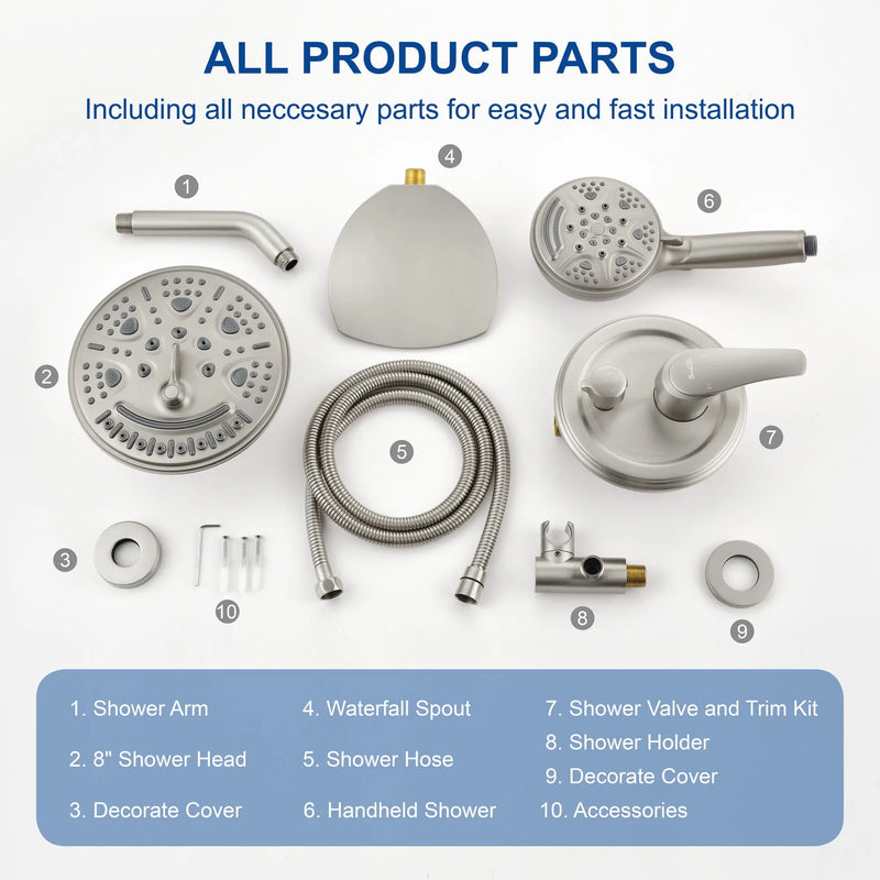 Luxury Tub Shower Faucet Set with Round-in Valve, Wall Mounted Shower System with Waterfall Tub Spout and 6-Setting Rain Shower Head with 9-Setting Handheld luxury-tub-shower-faucet-set-with-round-in-valve-wall-mounted-shower-system-with-waterfall-tub-spout-and-6-setting-rain-shower-head-with-9-setting-handheld-matte-black 