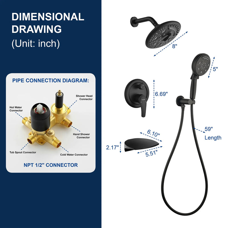 Luxury Tub Shower Faucet Set with Round-in Valve, Wall Mounted Shower System with Waterfall Tub Spout and 6-Setting Rain Shower Head with 9-Setting Handheld luxury-tub-shower-faucet-set-with-round-in-valve-wall-mounted-shower-system-with-waterfall-tub-spout-and-6-setting-rain-shower-head-with-9-setting-handheld-matte-black 