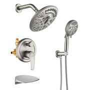 Luxury Tub Shower Faucet Set with Round-in Valve, Wall Mounted Shower System with Waterfall Tub Spout and 6-Setting Rain Shower Head with 9-Setting Handheld luxury-tub-shower-faucet-set-with-round-in-valve-wall-mounted-shower-system-with-waterfall-tub-spout-and-6-setting-rain-shower-head-with-9-setting-handheld-matte-black Brushed nickel / Brass & SUS304 & ABS