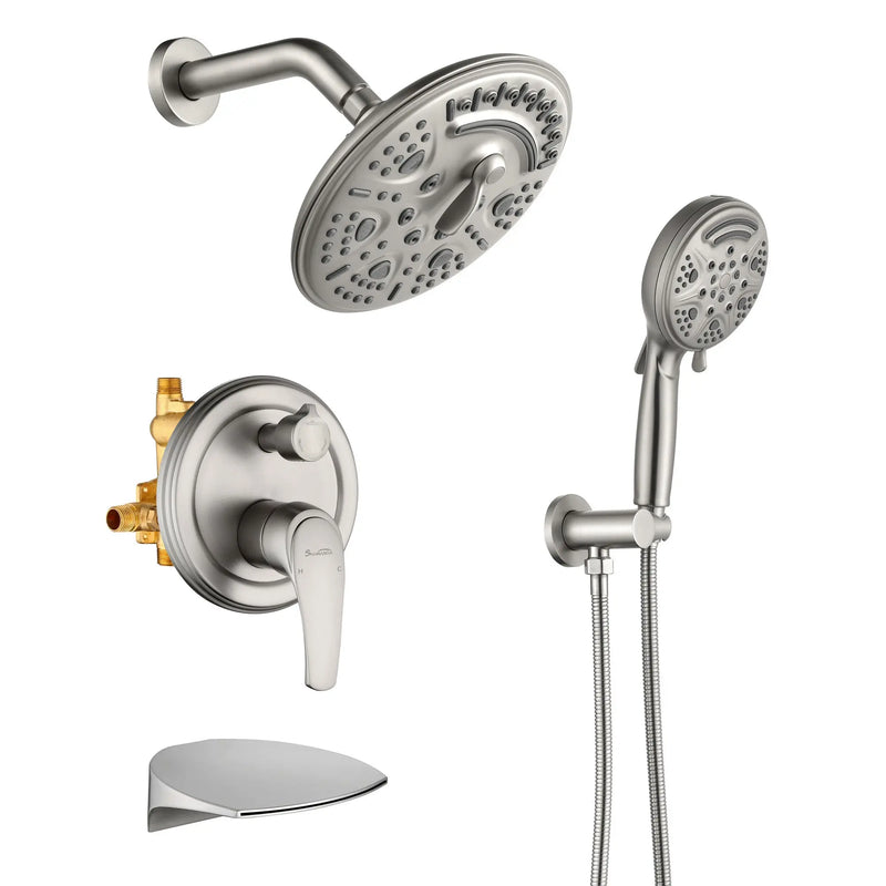 Luxury Tub Shower Faucet Set with Round-in Valve, Wall Mounted Shower System with Waterfall Tub Spout and 6-Setting Rain Shower Head with 9-Setting Handheld luxury-tub-shower-faucet-set-with-round-in-valve-wall-mounted-shower-system-with-waterfall-tub-spout-and-6-setting-rain-shower-head-with-9-setting-handheld-matte-black Brushed nickel / Brass & SUS304 & ABS