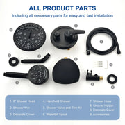Luxury Tub Shower Faucet Set with Round-in Valve, Wall Mounted Shower System with Waterfall Tub Spout and 6-Setting Rain Shower Head with 9-Setting Handheld luxury-tub-shower-faucet-set-with-round-in-valve-wall-mounted-shower-system-with-waterfall-tub-spout-and-6-setting-rain-shower-head-with-9-setting-handheld-matte-black 