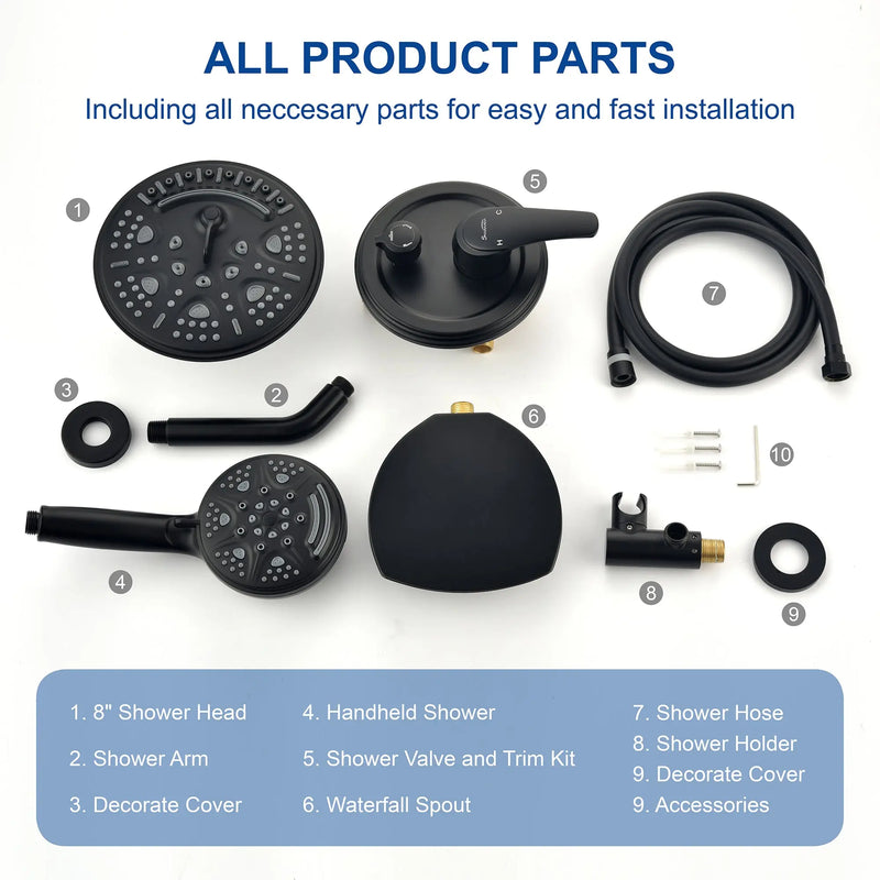 Luxury Tub Shower Faucet Set with Round-in Valve, Wall Mounted Shower System with Waterfall Tub Spout and 6-Setting Rain Shower Head with 9-Setting Handheld luxury-tub-shower-faucet-set-with-round-in-valve-wall-mounted-shower-system-with-waterfall-tub-spout-and-6-setting-rain-shower-head-with-9-setting-handheld-matte-black 