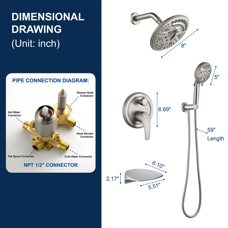 Luxury Tub Shower Faucet Set with Round-in Valve, Wall Mounted Shower System with Waterfall Tub Spout and 6-Setting Rain Shower Head with 9-Setting Handheld luxury-tub-shower-faucet-set-with-round-in-valve-wall-mounted-shower-system-with-waterfall-tub-spout-and-6-setting-rain-shower-head-with-9-setting-handheld-matte-black 