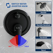 Luxury Tub Shower Faucet Set with Round-in Valve, Wall Mounted Shower System with Waterfall Tub Spout and 6-Setting Rain Shower Head with 9-Setting Handheld luxury-tub-shower-faucet-set-with-round-in-valve-wall-mounted-shower-system-with-waterfall-tub-spout-and-6-setting-rain-shower-head-with-9-setting-handheld-matte-black 