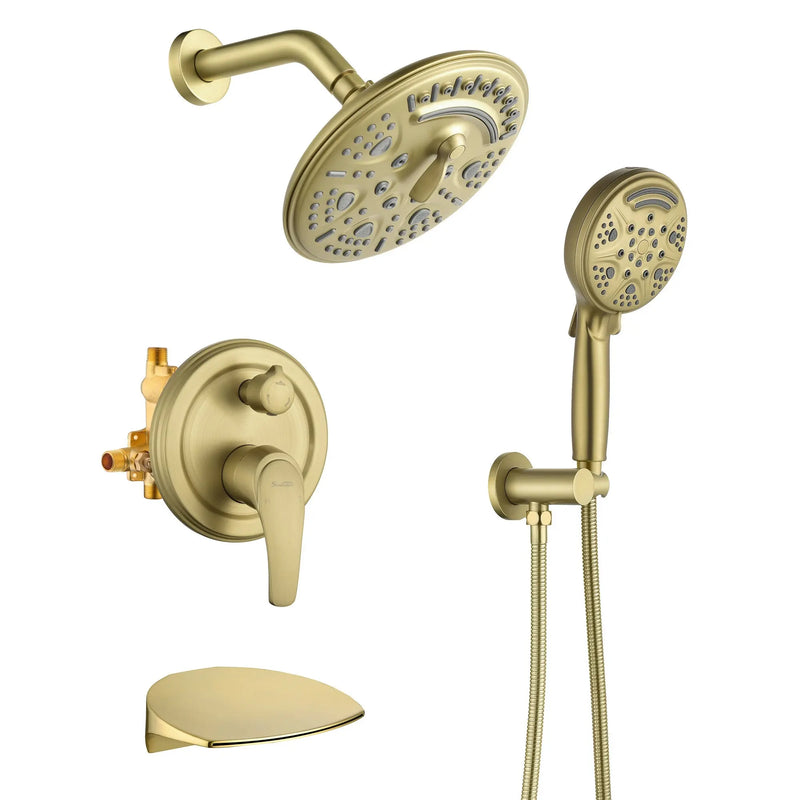 Luxury Tub Shower Faucet Set with Round-in Valve, Wall Mounted Shower System with Waterfall Tub Spout and 6-Setting Rain Shower Head with 9-Setting Handheld luxury-tub-shower-faucet-set-with-round-in-valve-wall-mounted-shower-system-with-waterfall-tub-spout-and-6-setting-rain-shower-head-with-9-setting-handheld-matte-black Brushed gold / Brass & SUS304 & ABS