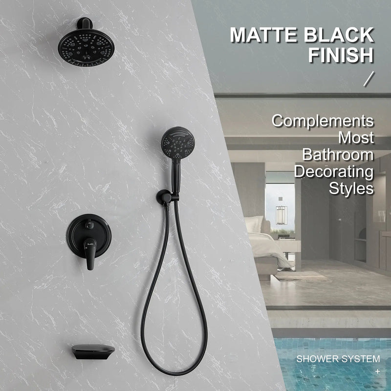Luxury Tub Shower Faucet Set with Round-in Valve, Wall Mounted Shower System with Waterfall Tub Spout and 6-Setting Rain Shower Head with 9-Setting Handheld luxury-tub-shower-faucet-set-with-round-in-valve-wall-mounted-shower-system-with-waterfall-tub-spout-and-6-setting-rain-shower-head-with-9-setting-handheld-matte-black 