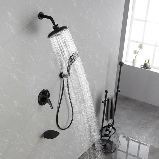 Luxury Tub Shower Faucet Set with Round-in Valve, Wall Mounted Shower System with Waterfall Tub Spout and 6-Setting Rain Shower Head with 9-Setting Handheld luxury-tub-shower-faucet-set-with-round-in-valve-wall-mounted-shower-system-with-waterfall-tub-spout-and-6-setting-rain-shower-head-with-9-setting-handheld-matte-black 
