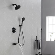 Luxury Tub Shower Faucet Set with Round-in Valve, Wall Mounted Shower System with Waterfall Tub Spout and 6-Setting Rain Shower Head with 9-Setting Handheld luxury-tub-shower-faucet-set-with-round-in-valve-wall-mounted-shower-system-with-waterfall-tub-spout-and-6-setting-rain-shower-head-with-9-setting-handheld-matte-black 
