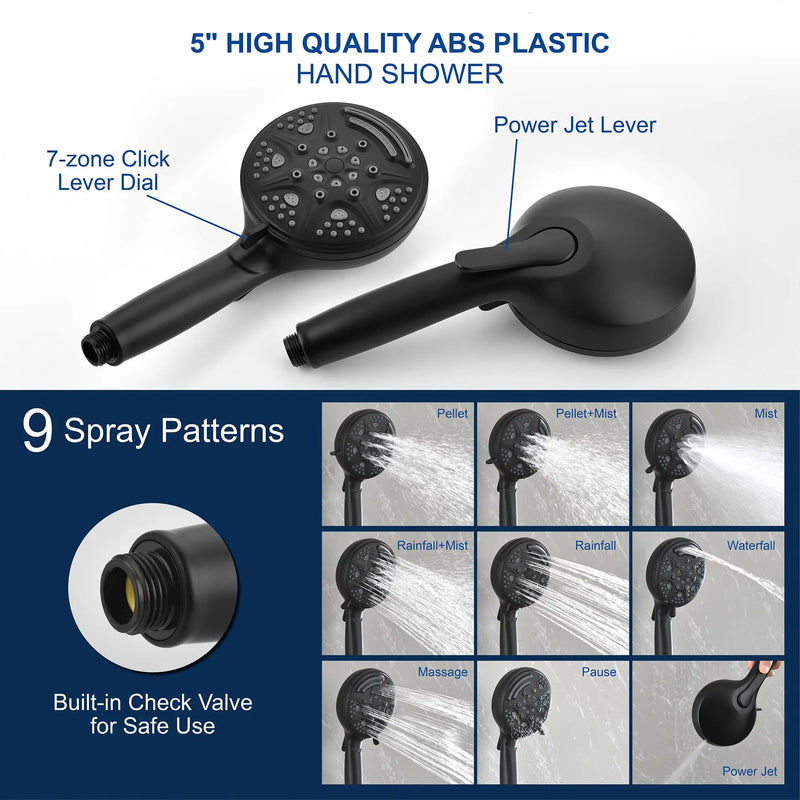 Luxury Tub Shower Faucet Set with Round-in Valve, Wall Mounted Shower System with Waterfall Tub Spout and 6-Setting Rain Shower Head with 9-Setting Handheld luxury-tub-shower-faucet-set-with-round-in-valve-wall-mounted-shower-system-with-waterfall-tub-spout-and-6-setting-rain-shower-head-with-9-setting-handheld-matte-black 