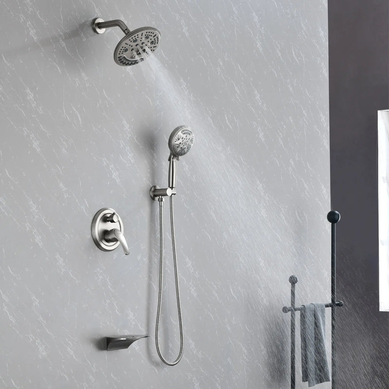 Luxury Tub Shower Faucet Set with Round-in Valve, Wall Mounted Shower System with Waterfall Tub Spout and 6-Setting Rain Shower Head with 9-Setting Handheld luxury-tub-shower-faucet-set-with-round-in-valve-wall-mounted-shower-system-with-waterfall-tub-spout-and-6-setting-rain-shower-head-with-9-setting-handheld-matte-black 