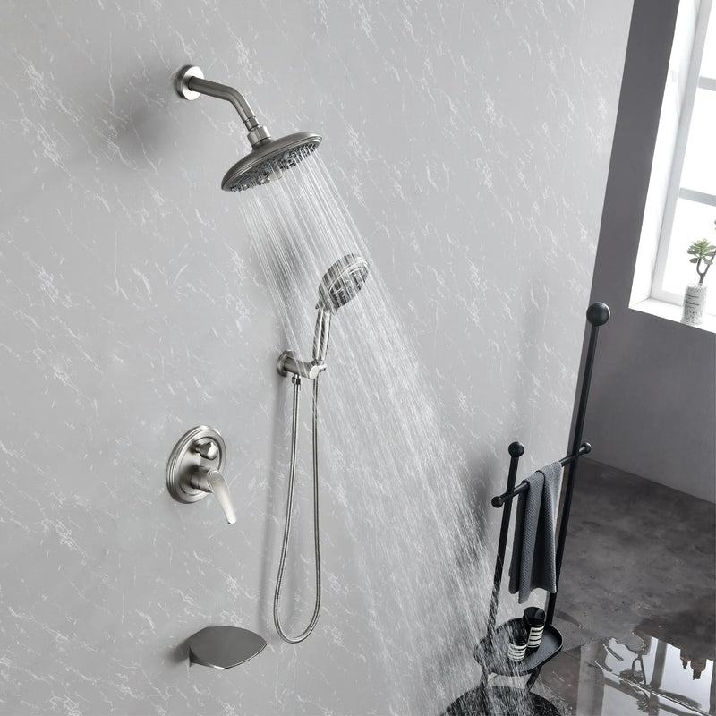 Luxury Tub Shower Faucet Set with Round-in Valve, Wall Mounted Shower System with Waterfall Tub Spout and 6-Setting Rain Shower Head with 9-Setting Handheld luxury-tub-shower-faucet-set-with-round-in-valve-wall-mounted-shower-system-with-waterfall-tub-spout-and-6-setting-rain-shower-head-with-9-setting-handheld-matte-black 