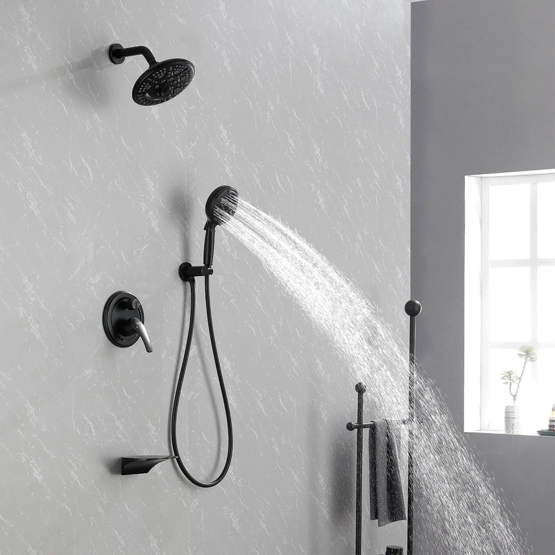 Luxury Tub Shower Faucet Set with Round-in Valve, Wall Mounted Shower System with Waterfall Tub Spout and 6-Setting Rain Shower Head with 9-Setting Handheld luxury-tub-shower-faucet-set-with-round-in-valve-wall-mounted-shower-system-with-waterfall-tub-spout-and-6-setting-rain-shower-head-with-9-setting-handheld-matte-black 
