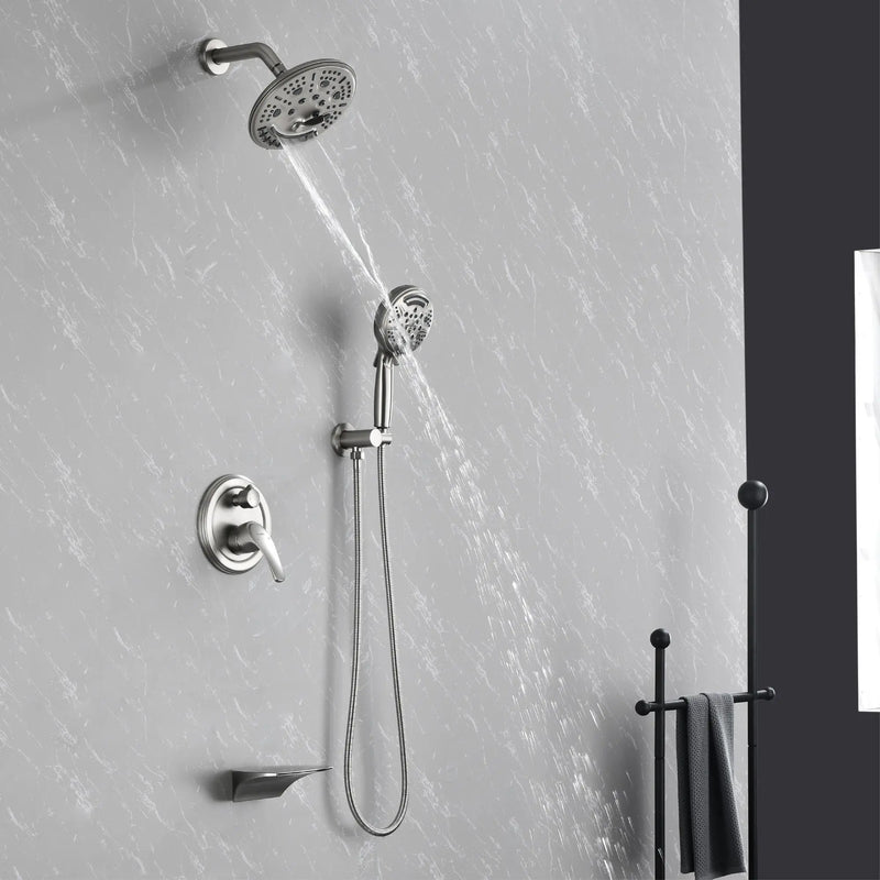 Luxury Tub Shower Faucet Set with Round-in Valve, Wall Mounted Shower System with Waterfall Tub Spout and 6-Setting Rain Shower Head with 9-Setting Handheld luxury-tub-shower-faucet-set-with-round-in-valve-wall-mounted-shower-system-with-waterfall-tub-spout-and-6-setting-rain-shower-head-with-9-setting-handheld-matte-black 