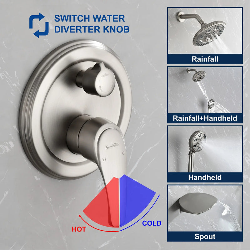 Luxury Tub Shower Faucet Set with Round-in Valve, Wall Mounted Shower System with Waterfall Tub Spout and 6-Setting Rain Shower Head with 9-Setting Handheld luxury-tub-shower-faucet-set-with-round-in-valve-wall-mounted-shower-system-with-waterfall-tub-spout-and-6-setting-rain-shower-head-with-9-setting-handheld-matte-black 