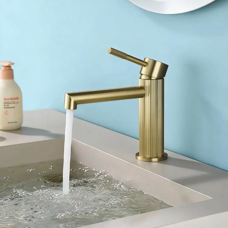 One hole basin faucet mixer with drain pop up single-lever lavatory sink faucet with aerator, 1.2GPM one-hole-basin-faucet-mixer-with-drain-pop-up-single-lever-lavatory-sink-faucet-with-aerator-1-2gpm Brushed Gold / Brass / Hot and cold water mixer