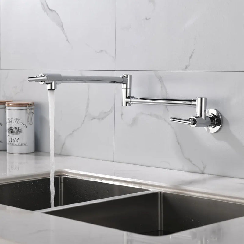 Pot Filler Faucet Wall Mount, Folding Kitchen Faucet Brass Double Joint Swing Arm, Two Handle Single Hole wall-mount-pot-filler-faucet 