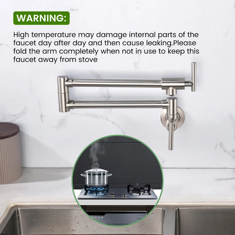 Pot Filler Faucet Wall Mount, Folding Kitchen Faucet Brass Double Joint Swing Arm, Two Handle Single Hole wall-mount-pot-filler-faucet 