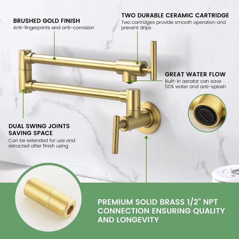 Pot Filler Faucet Wall Mount, Folding Kitchen Faucet Brass Double Joint Swing Arm, Two Handle Single Hole wall-mount-pot-filler-faucet 