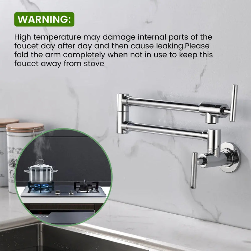 Pot Filler Faucet Wall Mount, Folding Kitchen Faucet Brass Double Joint Swing Arm, Two Handle Single Hole wall-mount-pot-filler-faucet 