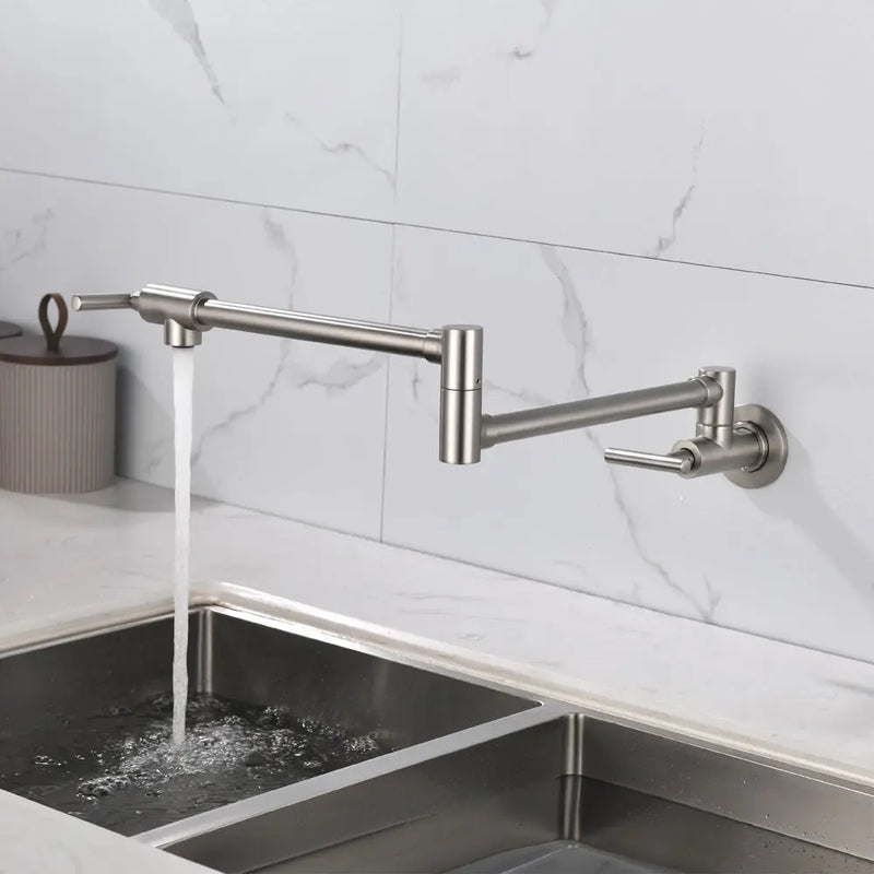 Pot Filler Faucet Wall Mount, Folding Kitchen Faucet Brass Double Joint Swing Arm, Two Handle Single Hole wall-mount-pot-filler-faucet 