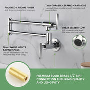 Pot Filler Faucet Wall Mount, Folding Kitchen Faucet Brass Double Joint Swing Arm, Two Handle Single Hole wall-mount-pot-filler-faucet 