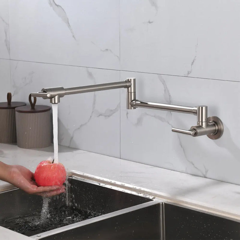 Pot Filler Faucet Wall Mount, Folding Kitchen Faucet Brass Double Joint Swing Arm, Two Handle Single Hole wall-mount-pot-filler-faucet 