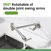 Pot Filler Faucet Wall Mount, Folding Kitchen Faucet Brass Double Joint Swing Arm, Two Handle Single Hole wall-mount-pot-filler-faucet 