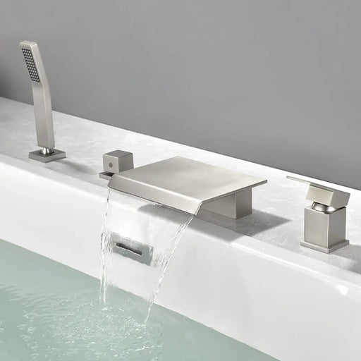 Roman Tub Filler Single Handle Deck Mounted 4 Holes Bathtub Faucet with Handheld Shower in Matte Black, Brushed Nickel, Brushed Gold single-handle-deck-mounted-roman-tub-faucet-filler-with-handheld-shower 