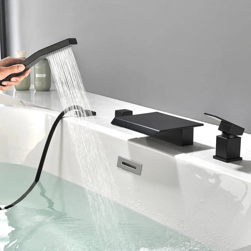 Roman Tub Filler Single Handle Deck Mounted 4 Holes Bathtub Faucet with Handheld Shower in Matte Black, Brushed Nickel, Brushed Gold single-handle-deck-mounted-roman-tub-faucet-filler-with-handheld-shower 