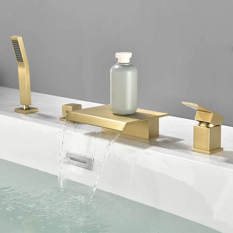 Roman Tub Filler Single Handle Deck Mounted 4 Holes Bathtub Faucet with Handheld Shower in Matte Black, Brushed Nickel, Brushed Gold single-handle-deck-mounted-roman-tub-faucet-filler-with-handheld-shower 