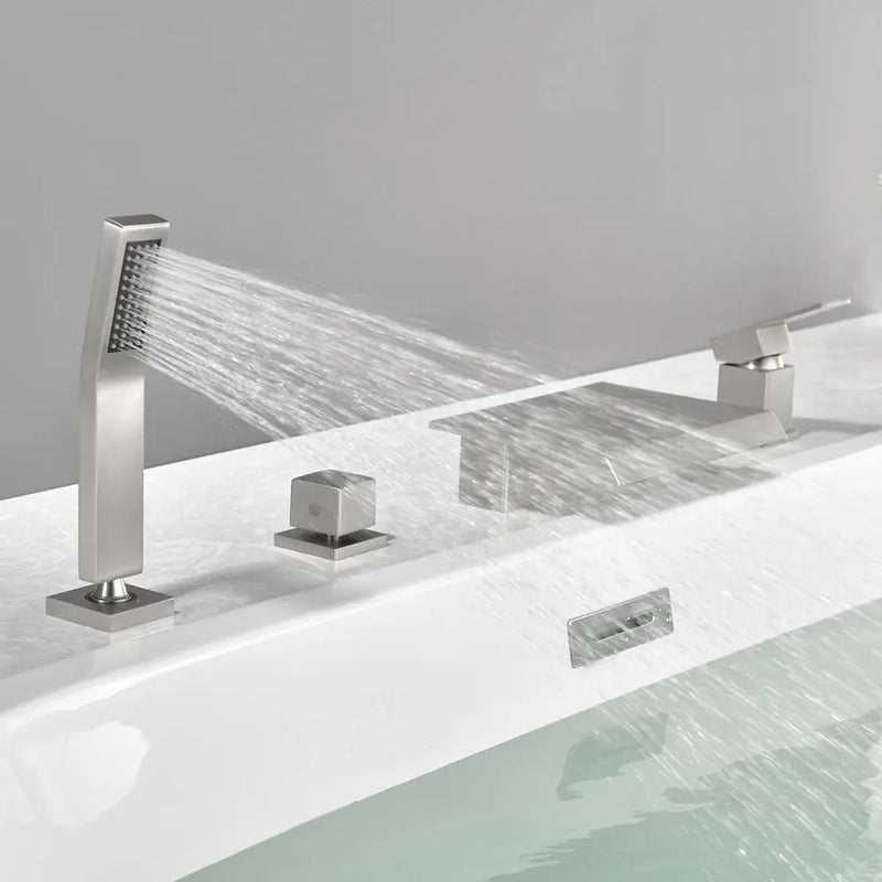 Roman Tub Filler Single Handle Deck Mounted 4 Holes Bathtub Faucet with Handheld Shower in Matte Black, Brushed Nickel, Brushed Gold single-handle-deck-mounted-roman-tub-faucet-filler-with-handheld-shower 