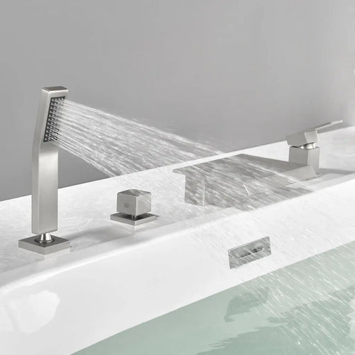Roman Tub Filler Single Handle Deck Mounted 4 Holes Bathtub Faucet with Handheld Shower in Matte Black, Brushed Nickel, Brushed Gold single-handle-deck-mounted-roman-tub-faucet-filler-with-handheld-shower 