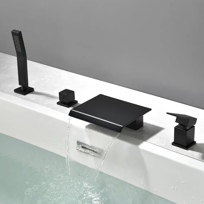 Roman Tub Filler Single Handle Deck Mounted 4 Holes Bathtub Faucet with Handheld Shower in Matte Black, Brushed Nickel, Brushed Gold single-handle-deck-mounted-roman-tub-faucet-filler-with-handheld-shower 