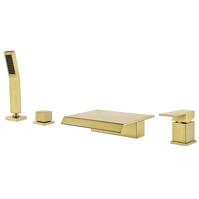 Roman Tub Filler Single Handle Deck Mounted 4 Holes Bathtub Faucet with Handheld Shower in Matte Black, Brushed Nickel, Brushed Gold single-handle-deck-mounted-roman-tub-faucet-filler-with-handheld-shower Brushed Gold / Brass & SUS304 / 17.7*12.8*3.5 inches