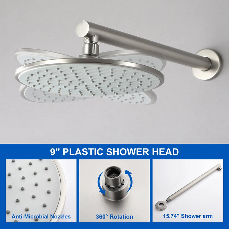 Round Shower Faucets Sets Complete, Single Function Shower trim kit with 9 inch ABS rain shower head shamanda-9-inch-round-shower-system 