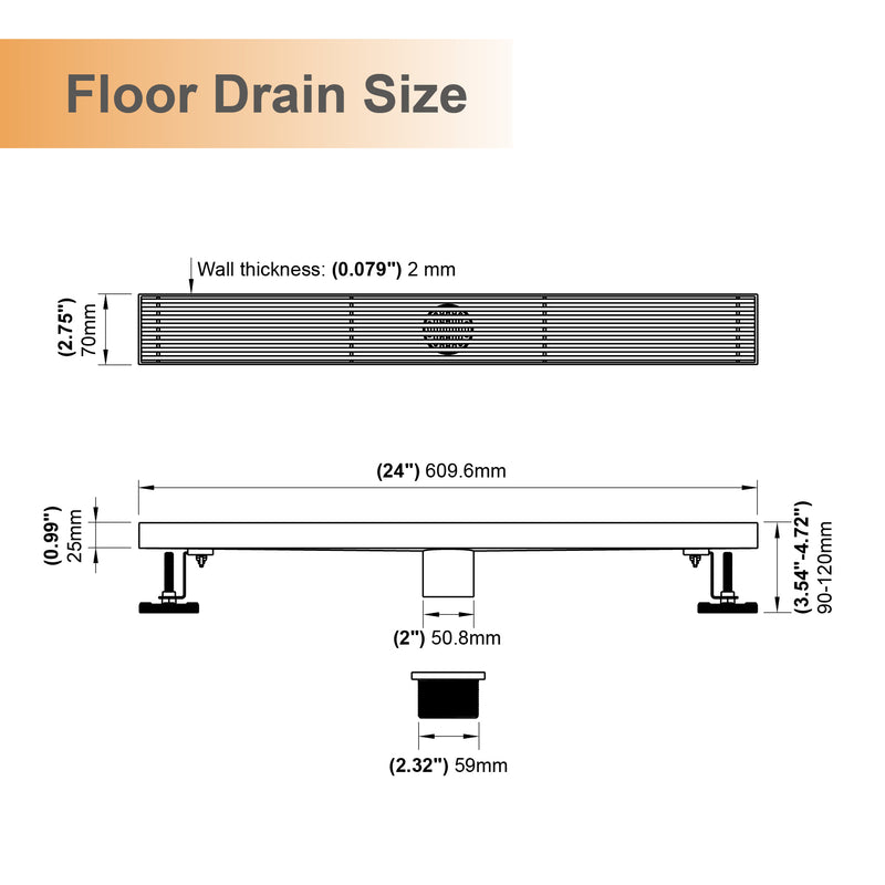 24 Inch Linear Shower Drain with Flange Stainless Steel Long Floor Drain for Bathroom