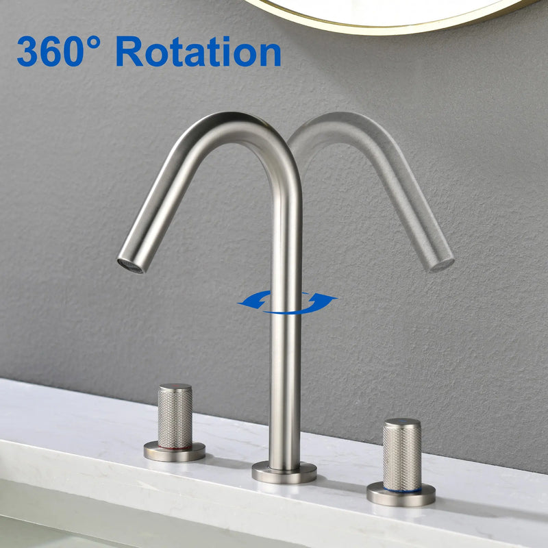 SHAMANDA 2 Handle Bathroom Faucets for Sink 3 Hole, High-Arch Swivel Spout Deck Mounted 8 Inch Widespread Basin Faucet 2-handle-bathroom-faucets-for-sink-3-hole-high-arch-swivel-spout-deck-mounted-8-inch-widespread-basin-faucet-with-valve-and-cupc-water-supply-hoses-brushed-nickel-1516bn 