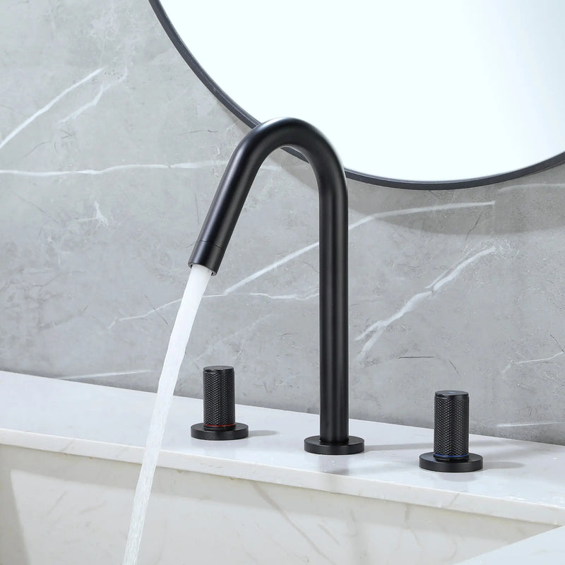 SHAMANDA 2 Handle Bathroom Faucets for Sink 3 Hole, High-Arch Swivel Spout Deck Mounted 8 Inch Widespread Basin Faucet 2-handle-bathroom-faucets-for-sink-3-hole-high-arch-swivel-spout-deck-mounted-8-inch-widespread-basin-faucet-with-valve-and-cupc-water-supply-hoses-brushed-nickel-1516bn Black / Brass / 14.68 x 10.91 x 2.91 inches