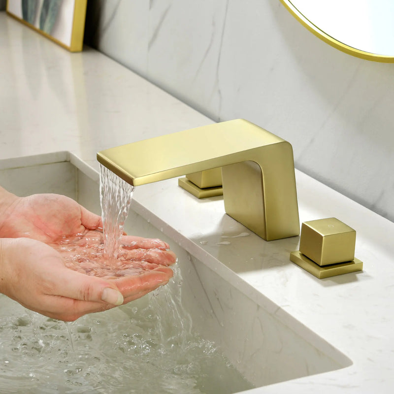 SHAMANDA Bathroom Basin Faucet 3 Holes 2 Square Handles Brushed Gold Sink Faucet shamanda-waterfall-widespread-faucet-brushed-gold Glod / Metal / 11.93 x 10.39 x 5.31 inches